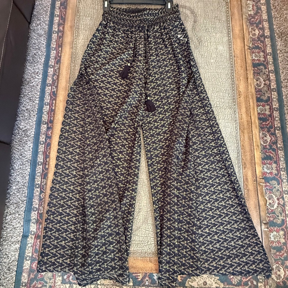Ramy Brook Glora Pant Black Metallic Gold Crochet Wide Leg Tassel XS NEW